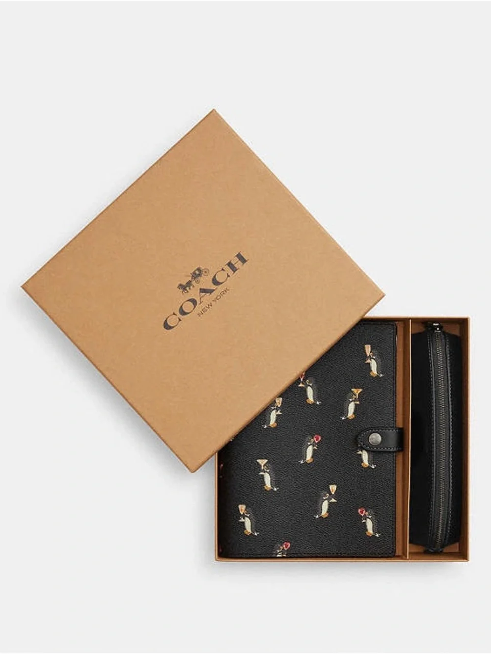 NWT Coach Boxed Notebook And Pencil Case Set With Penguin Print Black CCP98